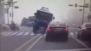 Horrific Crash Cement Mixer flips and crushes car killing 3 [upl. by Nortad587]