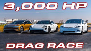 WORLDS QUICKEST SEDANS  3000 HP Race  Lucid Air vs Taycan Turbo S vs Tesla Plaid DRAG RACE [upl. by Anaujal]