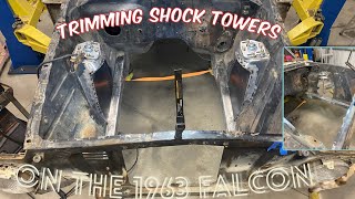 Trimming shock towers on 1963 FORD FALCON to fit TURBO headers [upl. by Cohbath]