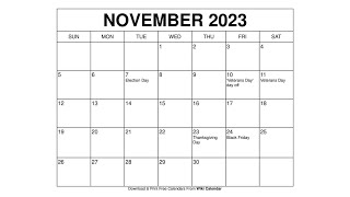 Printable November 2023 Calendar Templates With Holidays  Wiki Calendar [upl. by Ahseiat]