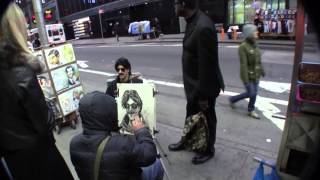 Banksy getting portrait drawn in Times Square NYC [upl. by Yecad466]