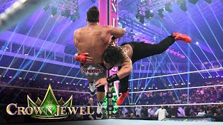 LA Knight miraculously kicks out of Roman Reigns Spear WWE Crown Jewel 2023 highlights [upl. by Zuliram]