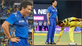 Sachin tendulkar shocking reaction when ms dhoni touch his feat during CSK vs Mi match [upl. by Neirad]