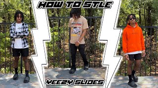 HOW TO STYLE YEEZY SLIDE ONYX🔥🔥 ONYX YEEZY SLIDES LOOKBOOK [upl. by Ahsoyem451]