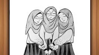 Hijab girls drawing best friend easy  drawing three best friend  BFF drawing [upl. by Dutch]