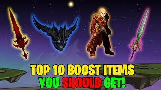 AQW TOP 10 BEST BOOST ITEMS FOR MEDIUMHIGHLEVEL PLAYERS 2023 [upl. by Enitsirt]