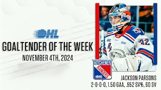 Rangers Jackson Parsons named OHL Goaltender of the Week [upl. by Edita]