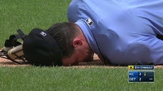 KCDET Umpire hit on the jaw with pitch stays in [upl. by Lem]