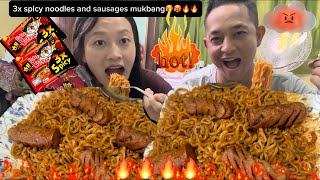 EATING 3x SPICY KOREAN NOODLES🔥🔥AND CHICKEN SAUSAGES 🌭🌭MUKBANG WITH nyksyatra sonalimburai [upl. by Jaehne]