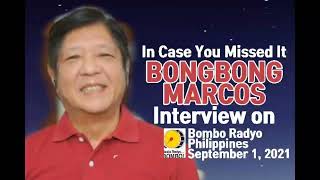 Former Senator bongbongmarcos Interview on Bombo Radyo Philippines  September 1 2021 [upl. by Morten]