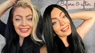 GOING BACK TO BLACK FULL HAIR DYE TUTORIAL ON BLEACH BLONDE HAIR TO BLACK [upl. by Harwill]