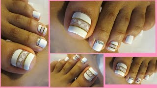 Pedicure facil de hacer en color blancoPedicure white design [upl. by Lyndell]