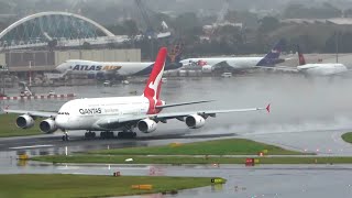 HEAVY RAIN amp BIG WATER SPRAY  Plane Spotting  Sydney Airport A380 A330 A350 747  Live Highlights [upl. by Ayatnahs790]