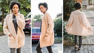 Chunky Crochet Cardigan WITH POCKETS  Beginner Crochet Winter Sweater Free Pattern  DIY Tutorial [upl. by Belter]