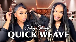 How To Silky Straight Quick Weave With Middle Part Leave Out Tutorial  Beginner Friendly [upl. by Eiwoh]