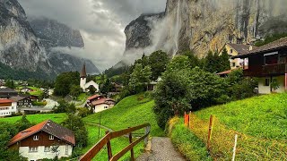 Lauterbrunnen Switzerland  Rainy walk in the most beautiful Swiss village  Fairytale village [upl. by Viquelia595]