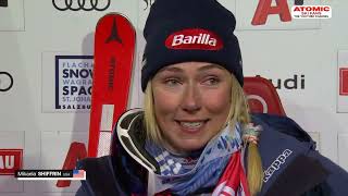 Mikaela Shiffrin 🇺🇸  Flachau women slalom Jan 16 2024 both runs  post race interview sheskis [upl. by Hceicjow233]