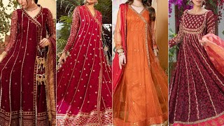 Pakistani wedding dress embroidered anarkali Indian outfit Red and orange yellow wedding dresses [upl. by Repmek]