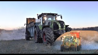 Mist Streuen in den Morgenstunden Claas Axion 870 Fendt 313 Vario S4 Strautmann Rolland [upl. by Ymerrej24]