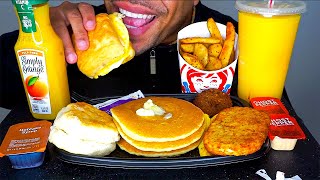 ASMR MCDONALDS VS WENDYS BIG BREAKFAST WITH HOTCAKES HASH BROWNS SAUSAGE MUKBANG BIG BITES [upl. by Womack637]