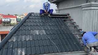 Construction Craft Method  Install Roof With Roofing Tiles On Fixed Frame [upl. by Elcin]