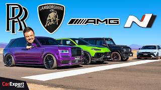 Rare Lambo v Brabus G63 v Mansory Cullinan v electric Hyundai drag race [upl. by Ahtnams]