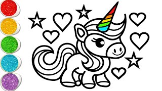 Cute Magical Rainbow Unicorn 🌈🦄 Drawing Colouring and Painting for Kids and Toddlers Glitter Art [upl. by Htebiram771]