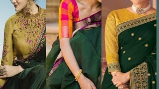 Dark green and bottle green colour Saree with contrast blouse designs ideas [upl. by Mintz]