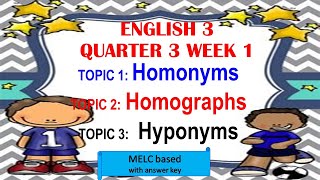 ENGLISH 3 QUARTER 3 WEEK 1 HOMONYMS I HOMOGRAPHS I HYPONYMS [upl. by Cheke124]