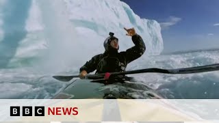 Kayakers breathtaking 20m drop down ice waterfall in Norway  BBC News [upl. by Inman]