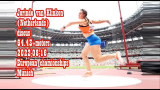 Jorinde van Klinken Netherlands discus 6443 meters 20220816 European chamionships Munich [upl. by Leirraj251]