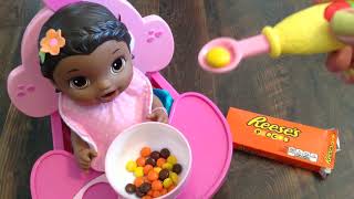 Baby Alive Super Snackin Lily Doll eats Reeses Pieces Candy for a Snack [upl. by Eecram293]