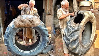 A Complementary Method Repairing Big Tractor Tire Using Aluminium Mold  90 Year Old Asian Method [upl. by Ileek]