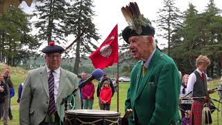 Clan Farquharson presentation of Pipe Banners with Chieftain during Gathering at Braemar Castle [upl. by Neirod21]