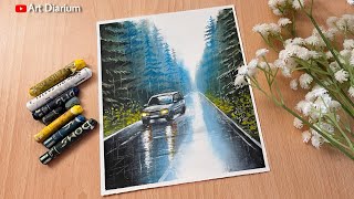 Rainy Season Scenery Drawing with Oil Pastel StepbyStep Tutorial [upl. by Anitsirhk]