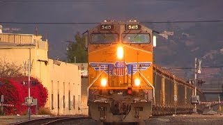 AWESOME TRAIN HORNS  UP Union Pacific Freight Trains in East Los Angeles CA 111613 [upl. by Tamberg169]