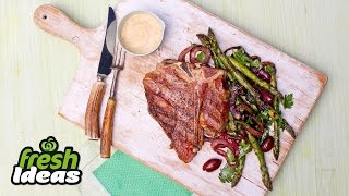 How to Cook TBone Steak with Asparagus and Onion – Chefs Secrets [upl. by Anurb]