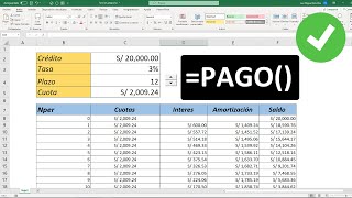 Función Pago en Excel Calculo de cuota de un préstamo basado en pagos y tasa de interés constantes [upl. by Cummine900]