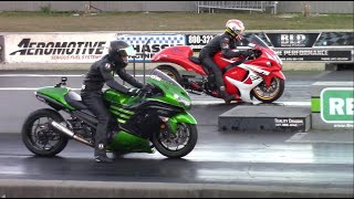 Kawasaki Ninja ZX14R vs Suzuki Hayabusas  14 Mile Drag Races [upl. by Eatnhoj]