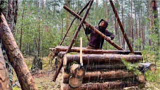 Building Wooden Cabin Off the Grid for Survival under Rain  Without Words  Start [upl. by Kaasi]