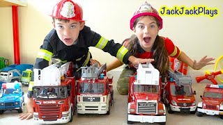 Firefighter Costume Pretend Play Cops and Robbers Fire Trucks and Toys for Kids  JackJackPlays [upl. by Derayne]