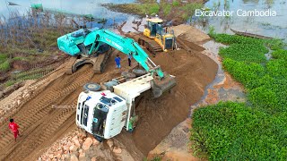 Dump Truck Drive Back Unloading Landslide Overturned  Recovery Dump Truck Stuck  Excavator Struck [upl. by Nus895]