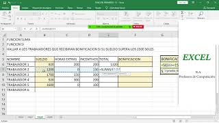 EXCEL BÁSICO  función SI sacar la bonificación de los trabajadores en Excel [upl. by Annaihr]