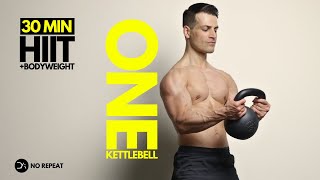 30 min Single Kettlebell HIIT Workout   Bodyweight  No Jump  No Repeat  Intense [upl. by Assenna]