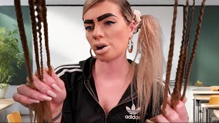 ASMR british chav girl plays with your braids in class 💆🏻‍♀️ hair play  roleplay [upl. by Nyrrad]