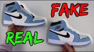 REAL VS FAKE NIKE AIR JORDAN 1 UNIVERSITY BLUE COMPARISON [upl. by Keeler658]