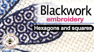 Blackwork Embroidery diaper patterns  Hexagons and squares  Blackwork embroidery video tutorial [upl. by Cowles]