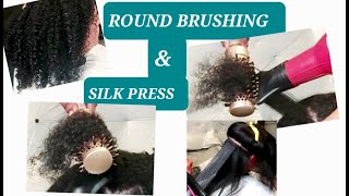 ROUND BRUSHING ON CURLY HAIR AND SILK PRESS saunisexhairtv shellyarellahairtv [upl. by Iamhaj239]