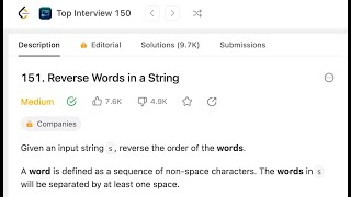 LeetCode  151 Reverse Words in a String Problem No 151  Top Interview 150 [upl. by Osmund538]