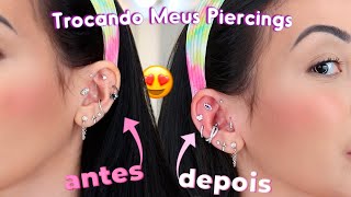 TROCANDO MEUS PIERCINGS DA ORELHA TRAGUS HELIX FLAT CONCH [upl. by Dazhahs]